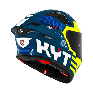 KYT TT Revo Fuselage full face motorcycle helmet in blue, yellow, and white with aerodynamic rear spoiler