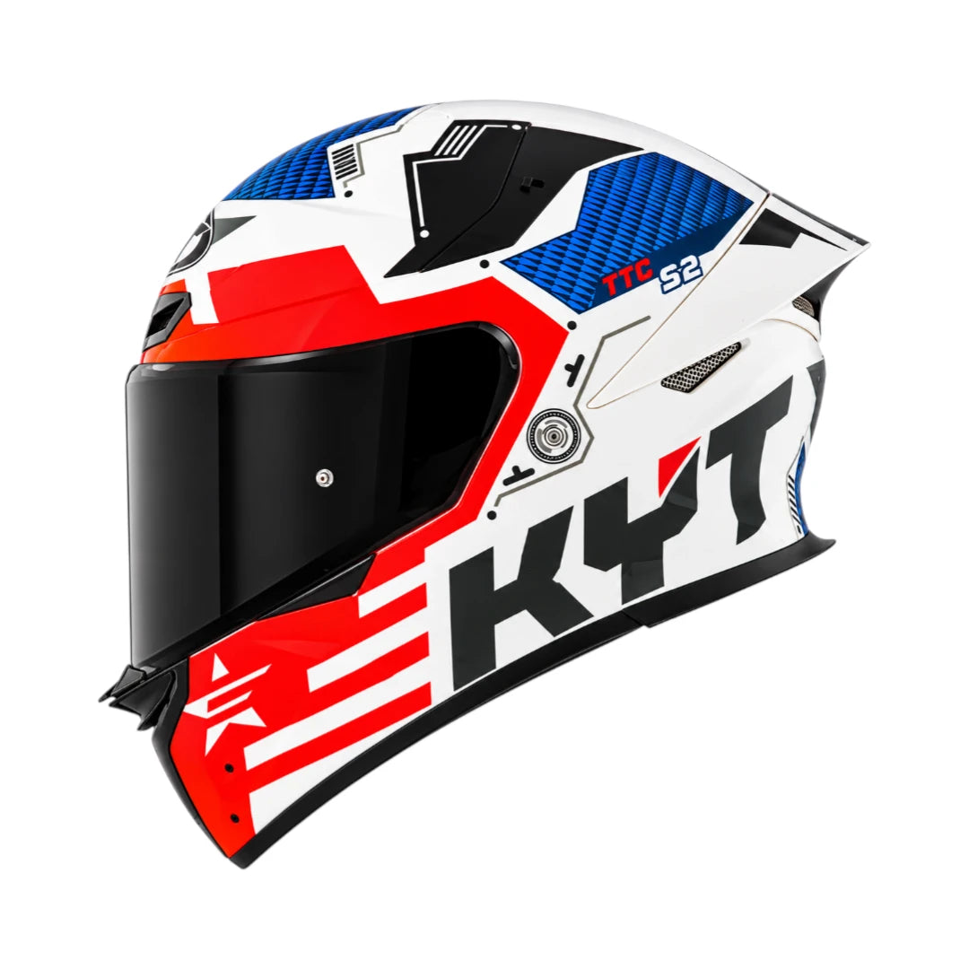 KYT TT Revo Fuselage full face motorcycle helmet in white, red, and blue with a dark tinted visor