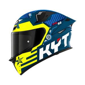 KYT TT Revo Fuselage full face motorcycle helmet in blue and yellow with aerodynamic sport design