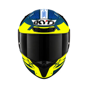 KYT TT Revo Fuselage full face motorcycle helmet in yellow and blue with a dark tinted visor
