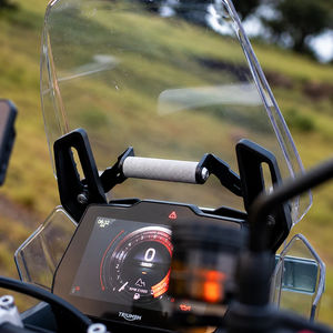 Legundary Ploigos GPS mount in silver and black installed above the Triumph Tiger 900 digital display