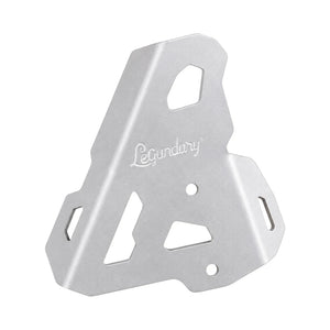 Legundary silver aluminium boot guard for Triumph Tiger 900 with angular design and cutouts