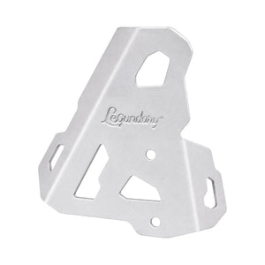 Legundary silver aluminium boot guards for Triumph Tiger 900, featuring an angular protective design.