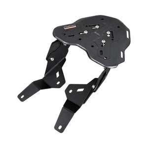 Black metal luggage carrier for TVS Apache RTX 300 with clamp-mount design and integrated grab rail support