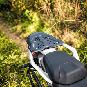 Legundary Genesis carrier plate mounted on a TVS Apache RTX 300 motorcycle for touring luggage support