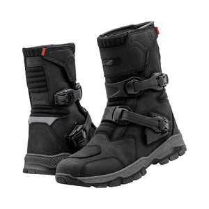 LS2 black buffalo leather adventure motorcycle boots with waterproof membrane, buckles, and reflective strip.