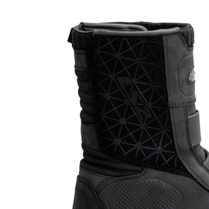 LS2 Adventure Boots in black buffalo leather with geometric textured panel and protective padding