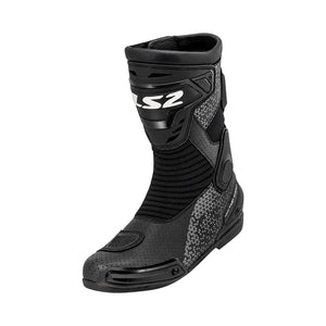 LS2 Assault black motorcycle boots with perforated microfiber leather, TPU protectors, and stretch panels.