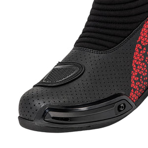 LS2 Assault motorcycle boot in black and red with perforated leather, TPU toe slider, and stretch panels.