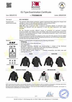 LS2 Breeze motorcycle jacket product range in various colorways shown on a technical certification document