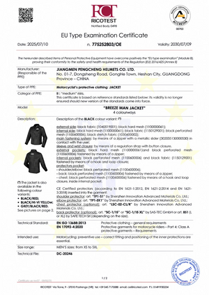 EU Type Examination Certificate for the LS2 Breeze motorcycle jacket showing technical specifications