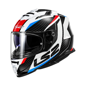 LS2 FF800 Storm II Racer full-face helmet in gloss blue, red, and carbon fiber finish with sun visor.