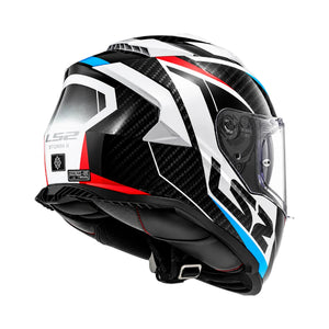 LS2 FF800 Storm II Racer helmet in blue, red, and white gloss with carbon fiber pattern, rear view.
