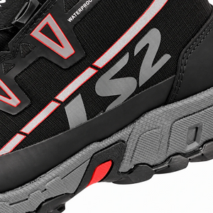 LS2 Trekker waterproof motorcycle boot side detail featuring black ripstop fabric, red accents, and logo.