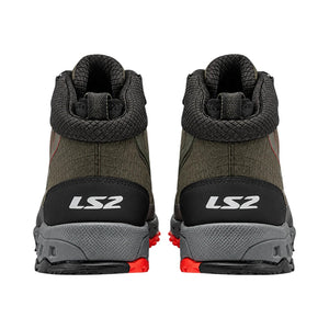 Rear view of LS2 Trekker olive green waterproof adventure motorcycle boots with reinforced heel protection.