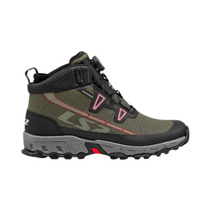 LS2 Trekker olive green waterproof adventure motorcycle boots with SPINON lacing and durable ripstop fabric.