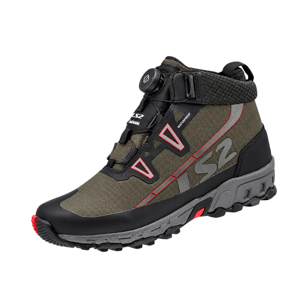 LS2 Trekker olive green waterproof adventure motorcycle boots with SPINON lacing and reinforced rubber sole