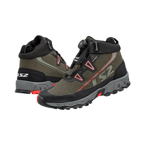 LS2 Trekker olive green waterproof adventure motorcycle boots with SPINON lacing and rugged rubber soles.