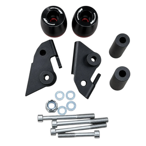 MK Racing frame slider kit for Aprilia RS 457 with black Delrin pucks, red accents, and mounting hardware.