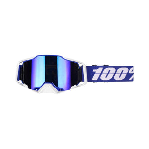 Motodrift 100% motocross goggles with a white frame, blue mirrored lens, and branded blue adjustable strap.