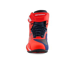 Motodrift Alpinestars MM93 Faster-4 sport riding shoes in red fluo and dark blue with protective TPU ankle details.