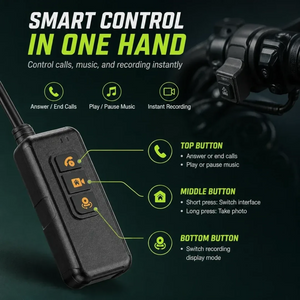Motodrift Aoocci C6 Pro motorcycle handlebar remote controller with three buttons for calls, music, and dash cam control.