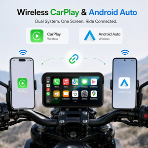 Motodrift Aoocci C6 Pro motorcycle display showing wireless Apple CarPlay and Android Auto connectivity on handlebars