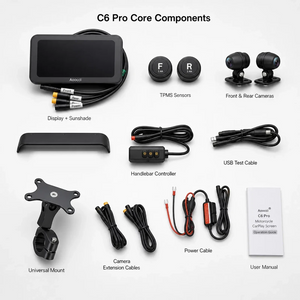 Motodrift Aoocci C6 Pro motorcycle CarPlay display kit with dual cameras, TPMS sensors, handlebar controller, and cables.