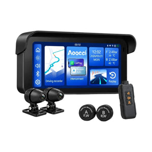 Motodrift Aoocci C6 Pro motorcycle CarPlay display with dual dash cams, TPMS sensors, and handlebar remote control.