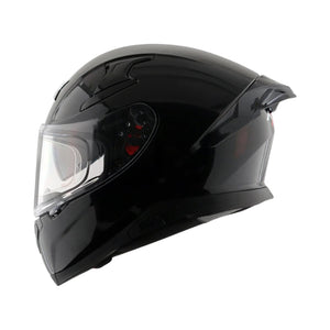 Motodrift Axor Apex solid black full-face motorcycle helmet with clear visor and aerodynamic rear spoiler