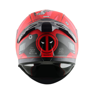 Motodrift Axor Apex Marvel Deadpool full-face motorcycle helmet in red and black with rear spoiler and safety logos
