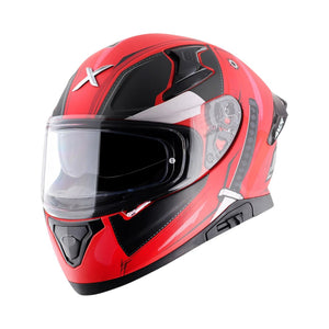 Motodrift Axor Apex Marvel Deadpool full-face motorcycle helmet in red and black with a clear visor and rear spoiler.