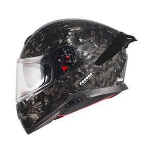 Motodrift Axor Apex forged carbon fiber motorcycle helmet with integrated spoiler and clear visor, side profile view.
