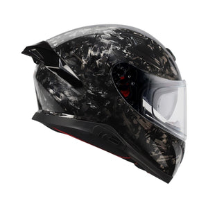 Motodrift Axor Apex forged carbon fiber motorcycle helmet with integrated spoiler and clear visor, side profile view.