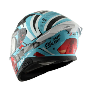 Motodrift Axor Apex Hex-2 full-face motorcycle helmet in light blue with futuristic graphic design and rear spoiler