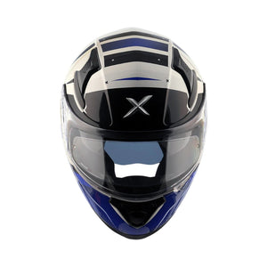 Motodrift Axor Apex Hex-2 full-face helmet in blue, black, and white with angular graphic design and clear visor