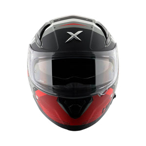 Motodrift Axor Apex Hex-2 full-face motorcycle helmet in black and red with a clear visor and futuristic graphics.