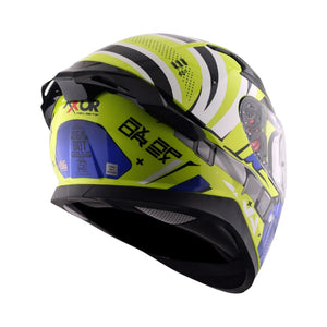 Motodrift Axor Apex Hex-2 full-face helmet in neon yellow, black, and blue with angular futuristic graphic design.