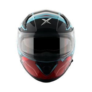 Motodrift Axor Apex Hex-2 full-face helmet with black, red, and blue futuristic graphic design and clear visor