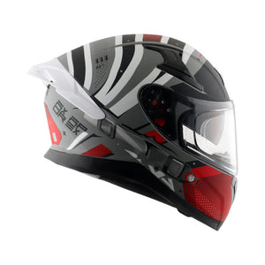 Motodrift Axor Apex Hex-2 full-face motorcycle helmet in grey, black, and red with futuristic angular graphic design.