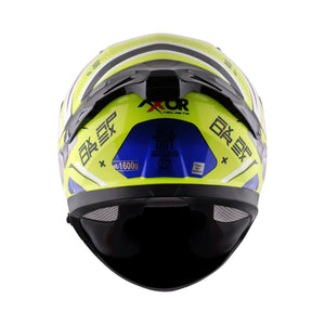 Motodrift Axor Apex Hex-2 full-face helmet in neon yellow and black with angular graphic design, rear view