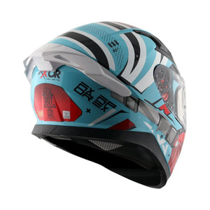Motodrift Axor Apex Hex-2 full-face motorcycle helmet in blue and white with futuristic angular graphic design