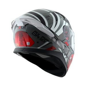 Motodrift Axor Apex Hex-2 full-face helmet with grey and red angular graphic design, rear view showing spoiler