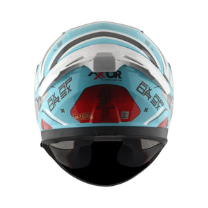 Motodrift Axor Apex Hex-2 full-face motorcycle helmet in light blue and white with angular graphic rear view