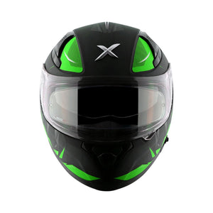 Motodrift Axor Apex Hunter full-face motorcycle helmet in black with vibrant green angular prism graphic details