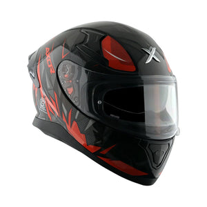 Motodrift Axor Apex Hunter full-face motorcycle helmet in black and red with angular prism graphics and clear visor