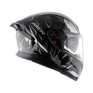 Motodrift Axor Apex Hunter full-face motorcycle helmet in black with angular prism graphics and clear visor