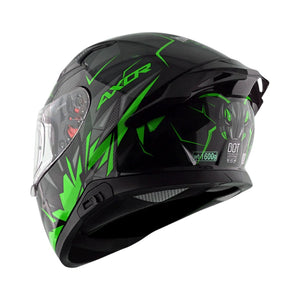 Motodrift Axor Apex Hunter full-face motorcycle helmet in black with vibrant green angular prism graphic design