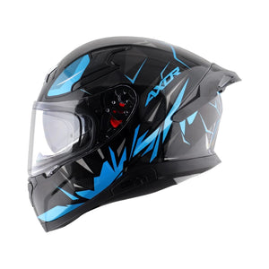 Motodrift Axor Apex Hunter full-face motorcycle helmet in black with blue angular prism graphic and clear visor
