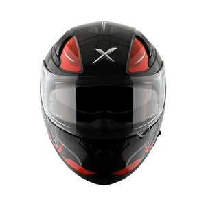 Motodrift Axor Apex Hunter full-face helmet in black and red with a futuristic graphic design and clear visor